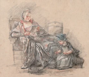Woman Reading and a Girl Playing (presumably the Marquise de Pompadour with her daughter Alexandrine), 1748